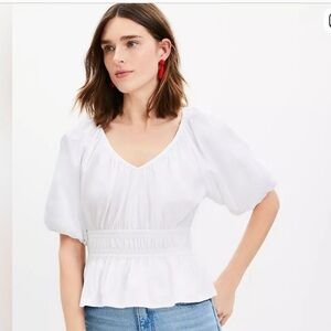 LOFT White V‑Neck Smocked Waist Peasant Top